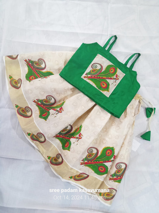 Peeli print tissue kerala style pattu pavada with green blouse