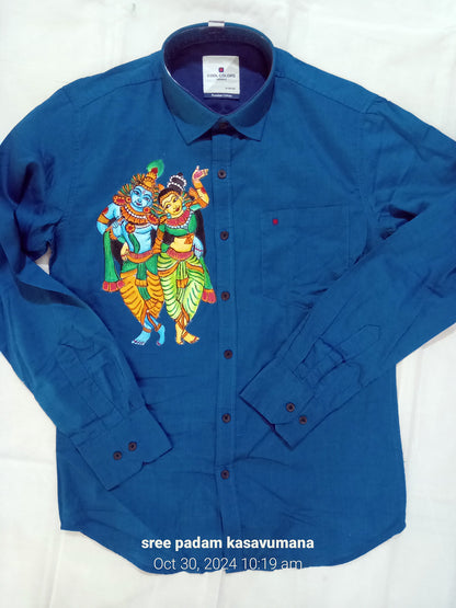 Standing krishna radha hand mural painting on blue cotton shirt