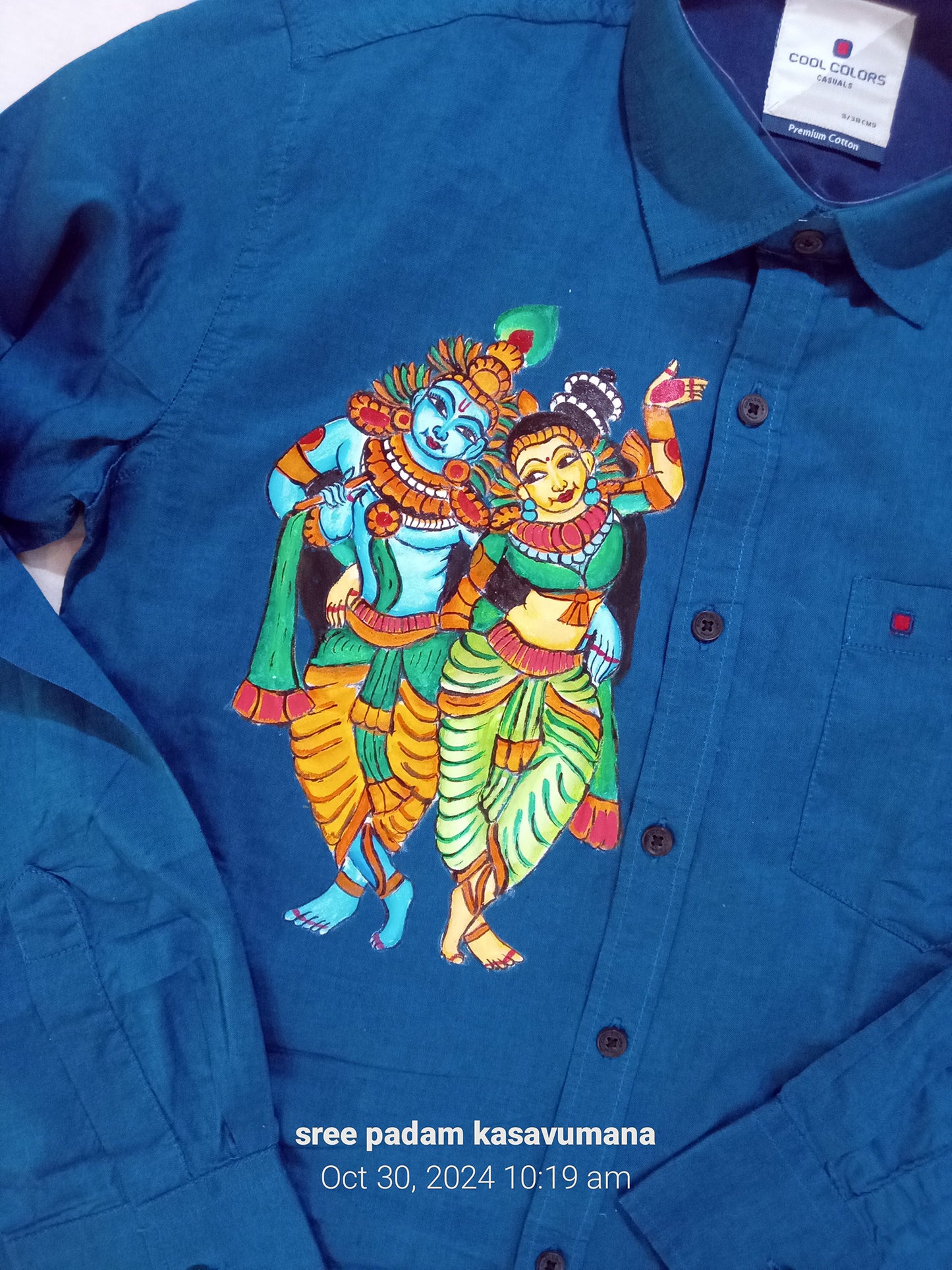 Standing krishna radha hand mural painting on blue cotton shirt