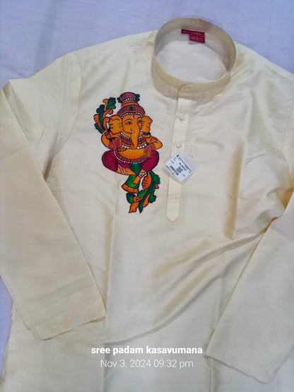 Ganapathi design hand mural painting on cream silk shirt