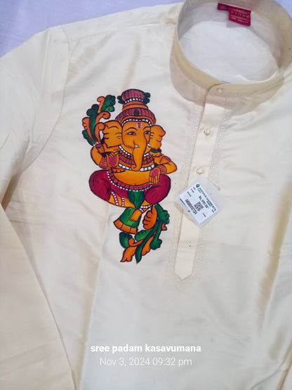 Ganapathi design hand mural painting on cream silk shirt