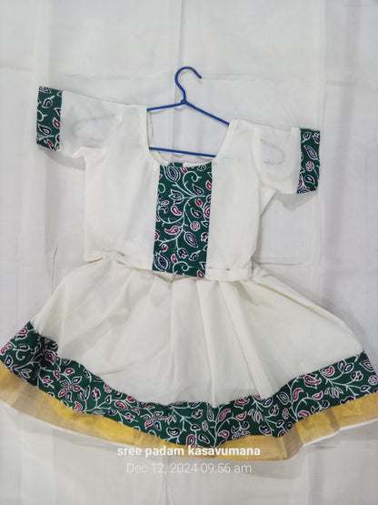 Kalamkari designer kerala cotton kasavu pattu pavada for girls