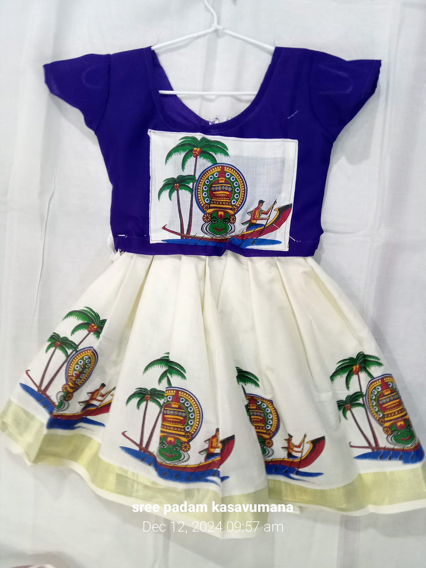 Kathakali boat print kerala kasavu pattu pavada wth blue blouse for girls