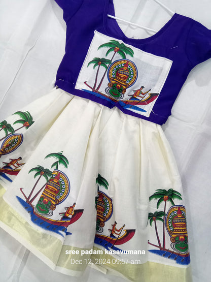 Kathakali boat print kerala kasavu pattu pavada wth blue blouse for girls