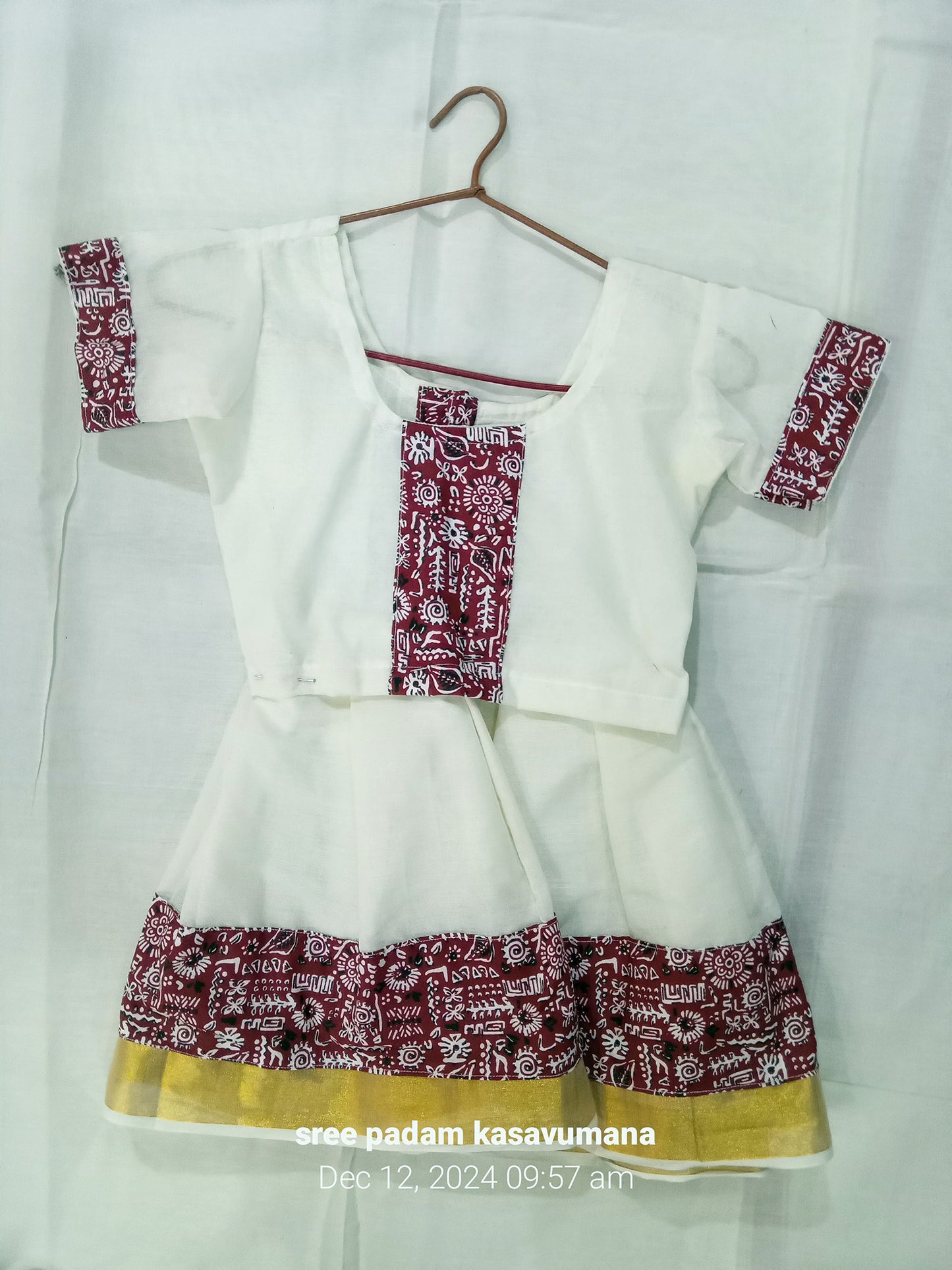 Red Kalamkari designer kerala cotton kasavu pattu pavada for girls