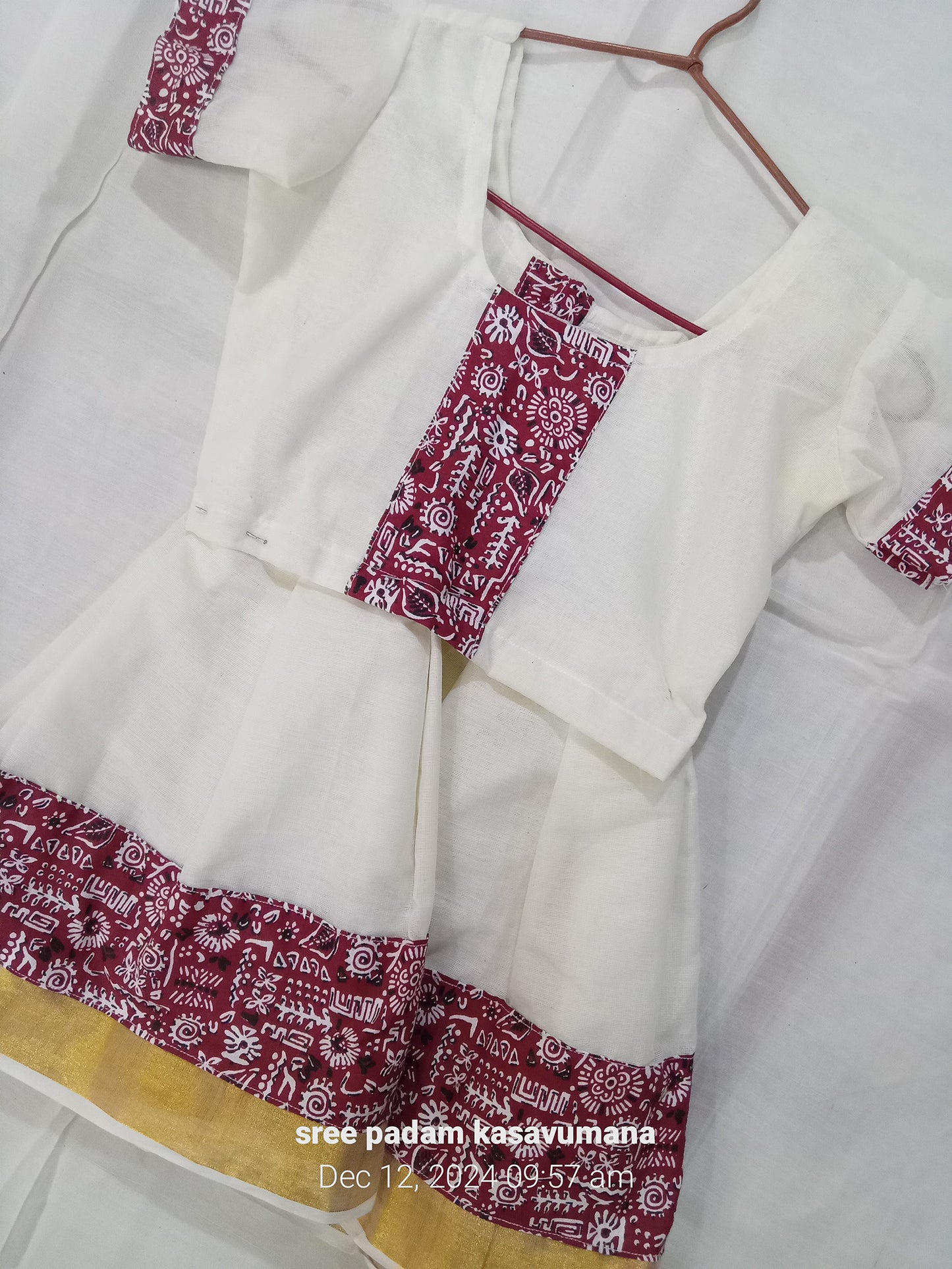 Red Kalamkari designer kerala cotton kasavu pattu pavada for girls