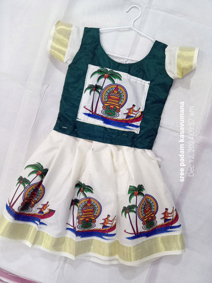 Kathakali boat print kerala kasavu pattu pavada wth green blouse for girls