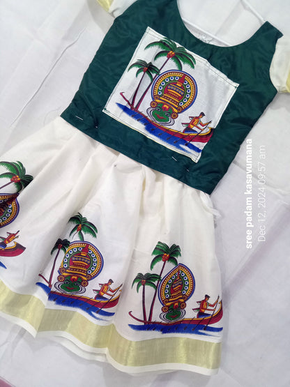 Kathakali boat print kerala kasavu pattu pavada wth green blouse for girls