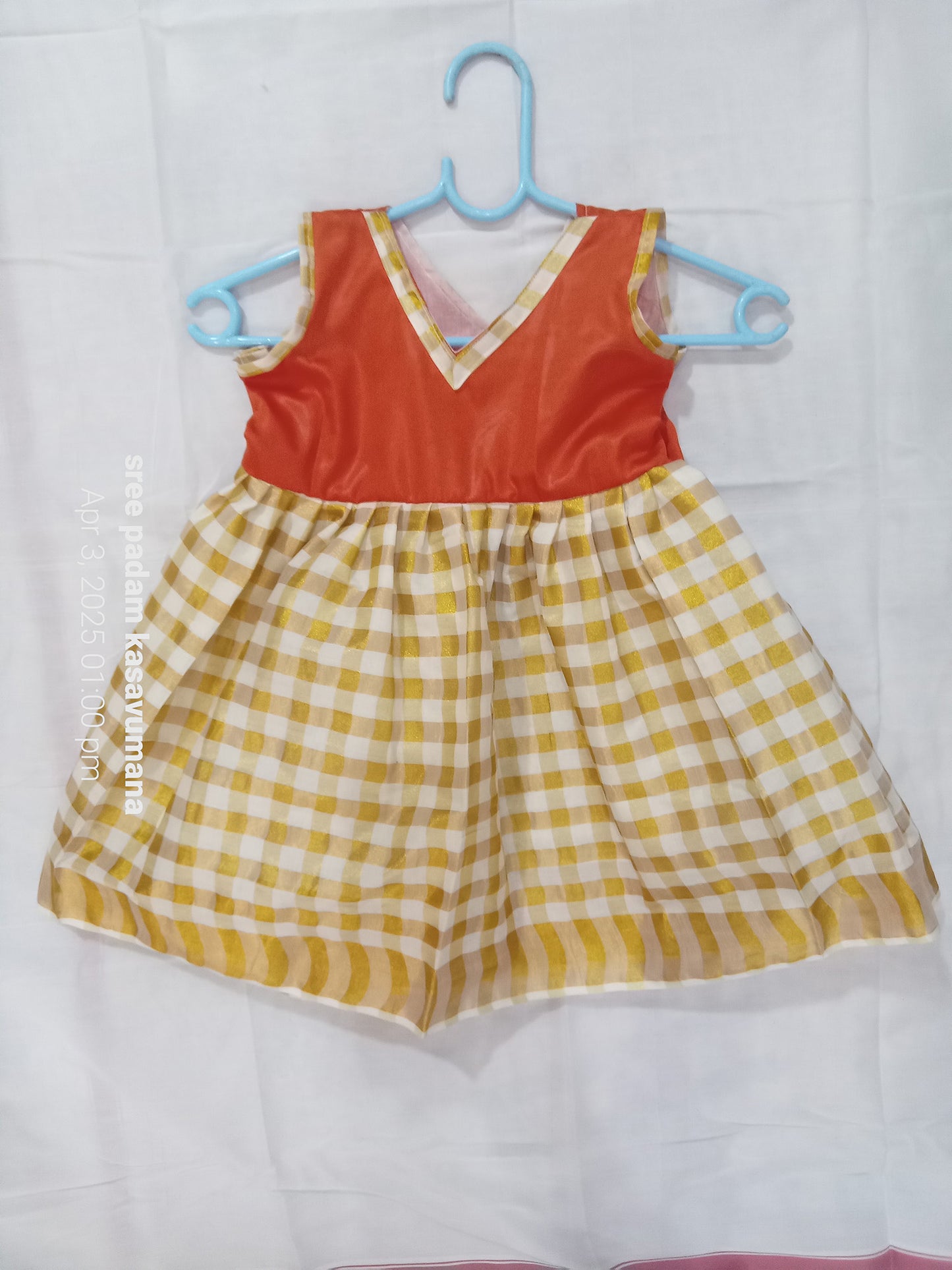 check design orange designer kerala tissue kasavu frock