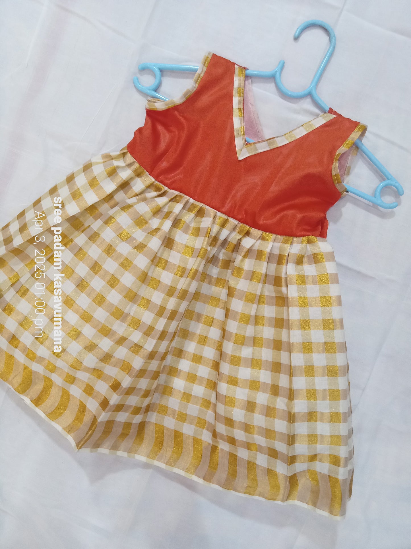 check design orange designer kerala tissue kasavu frock