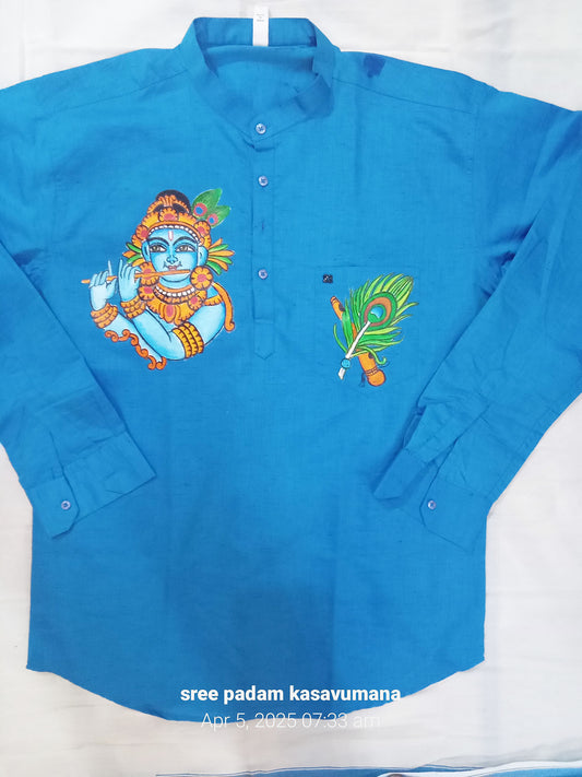 krishna peeli mural hand painting on blue shirt with lotus silk mundu