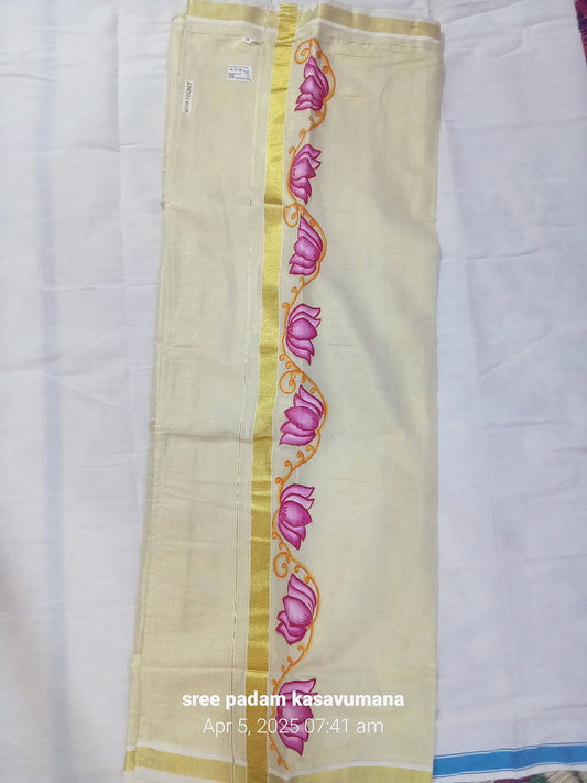 Lotus design hand mural painting on tissue mundu - 4meter
