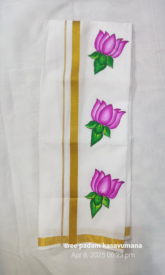 Big lotus design hand painting on white kasavu mundu - 4meter