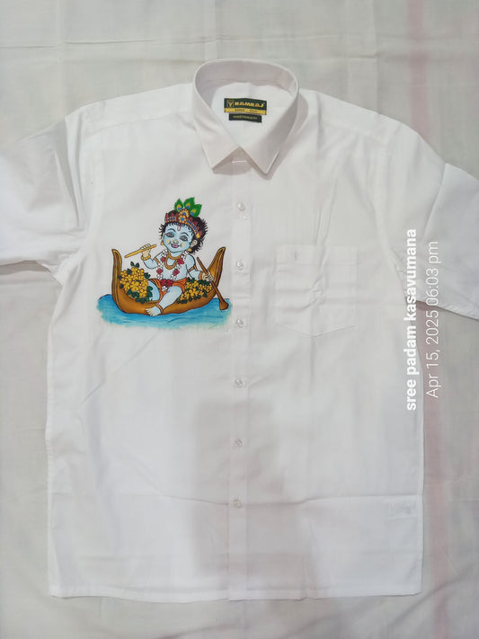 Cute Krishna with boat design hand mural painting on white cotton shirt