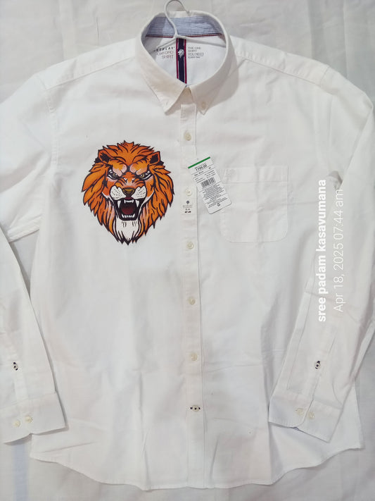 beautiful Lion face design hand painting on white cotton shirt