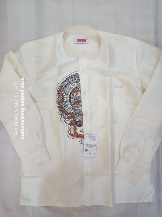 Half kathakali outline design mural hand painting on cream silk shirt