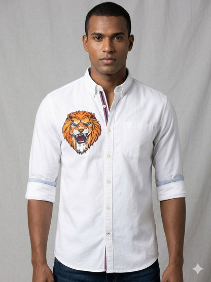 beautiful Lion face design hand painting on white cotton shirt