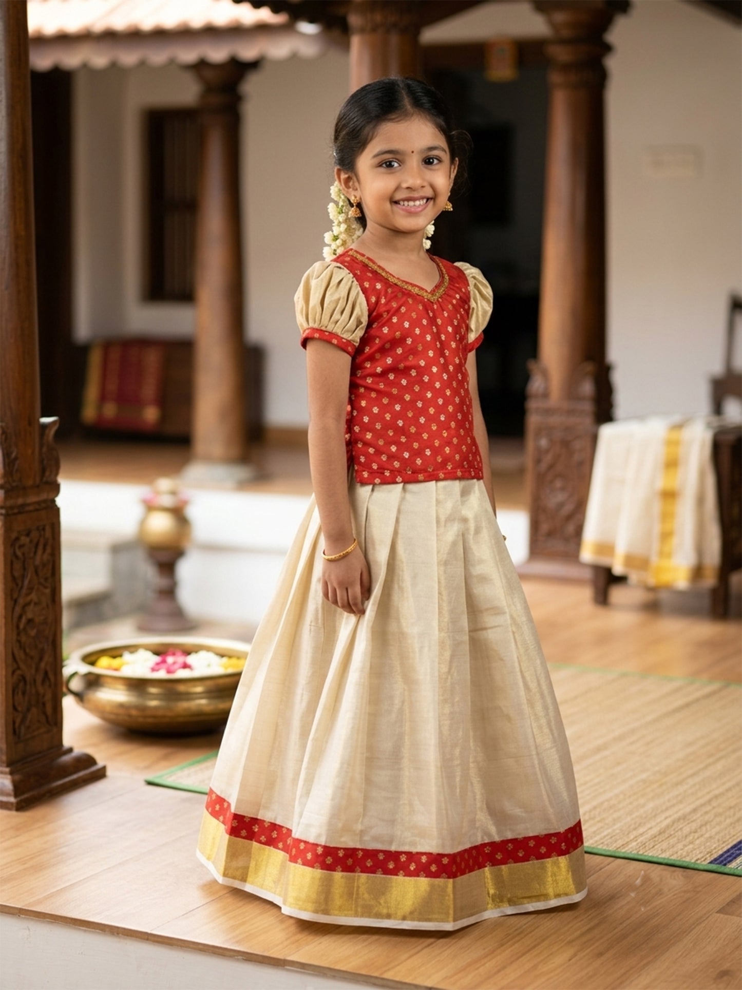 Red designer blouse kerala tissue kasavu pattu pavada for kids