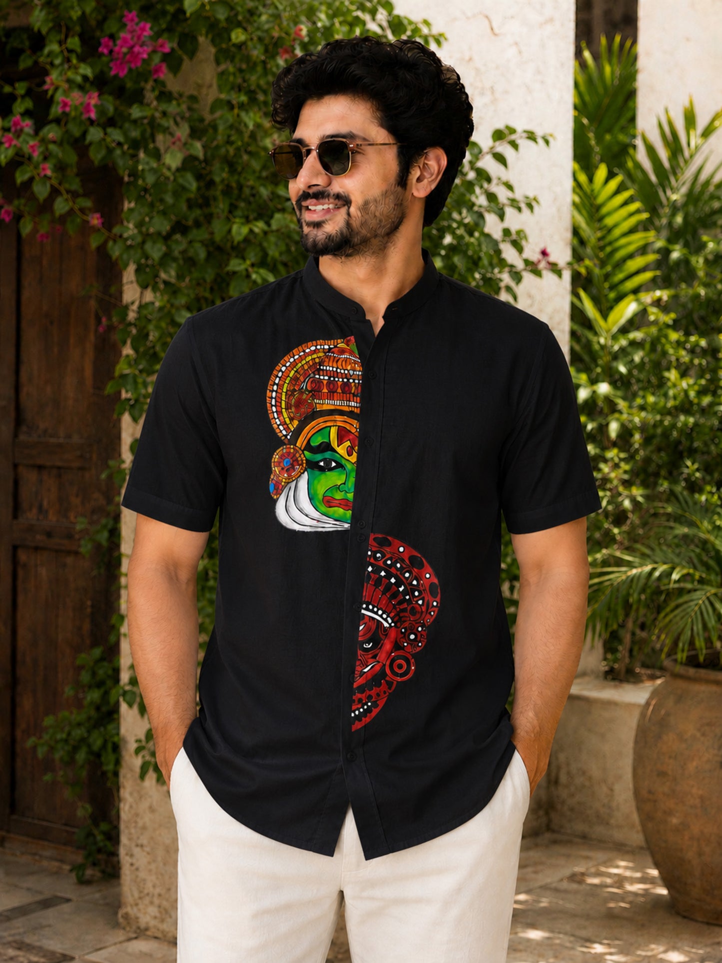 Kathakali theyyam combo hand mural painting black cotton shirt