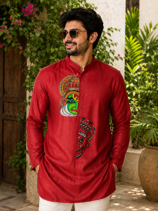 Kathakali theyyam combo hand mural painting red silk kurta