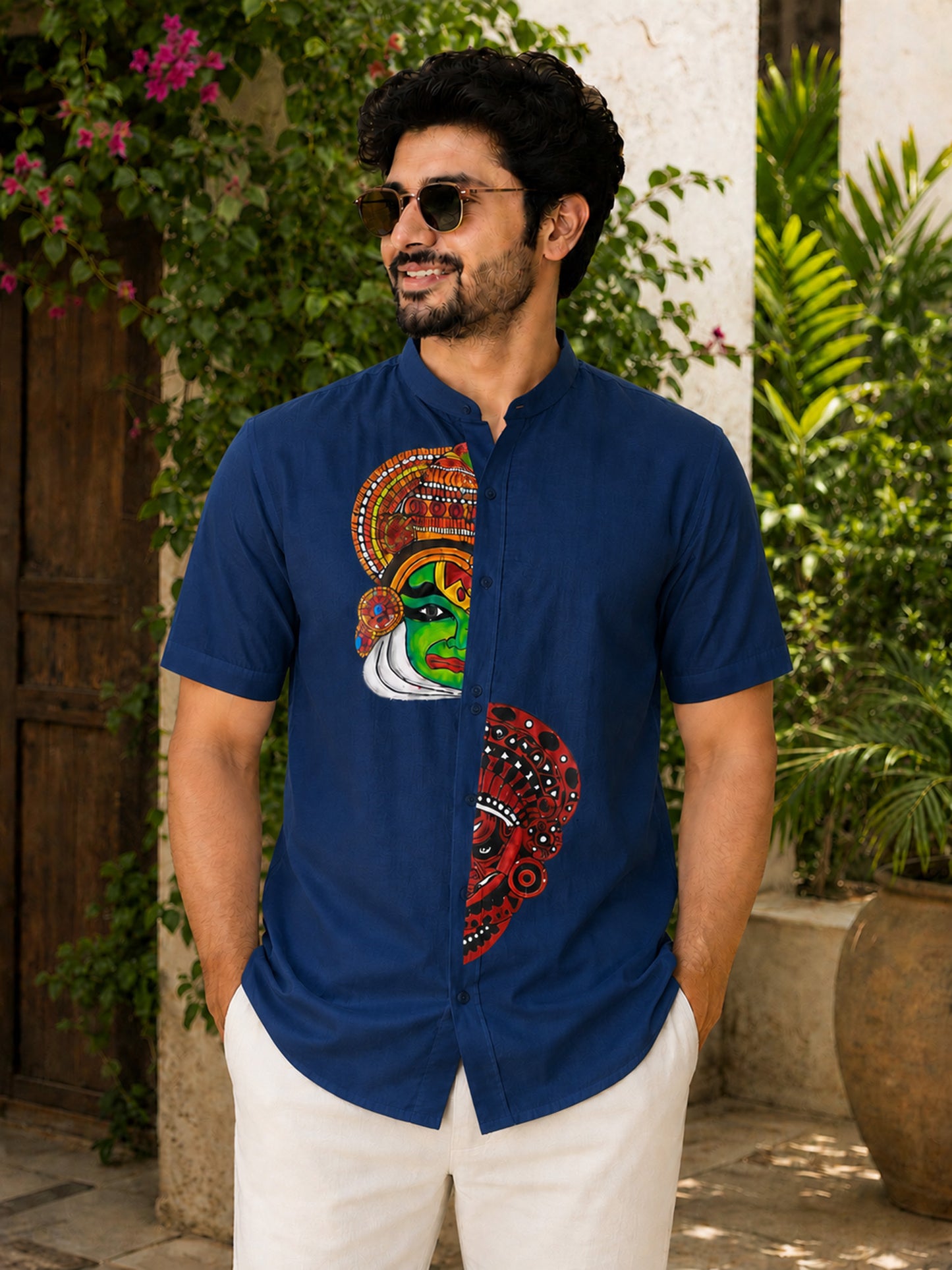 Kathakali theyyam combo hand mural painting blue cotton shirt