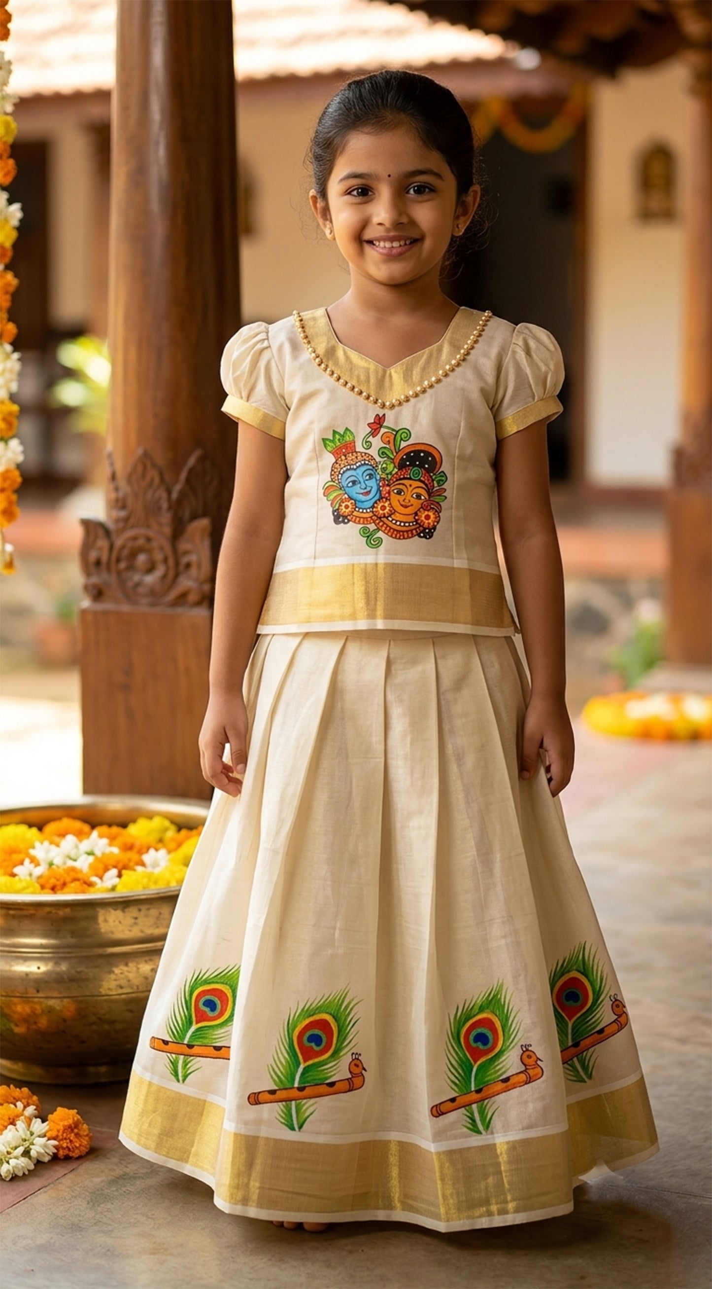 Kerala tissue pattu pavada with krishna radha mural painting for girls