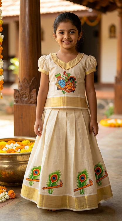 Kerala tissue pattu pavada with krishna radha mural painting for girls