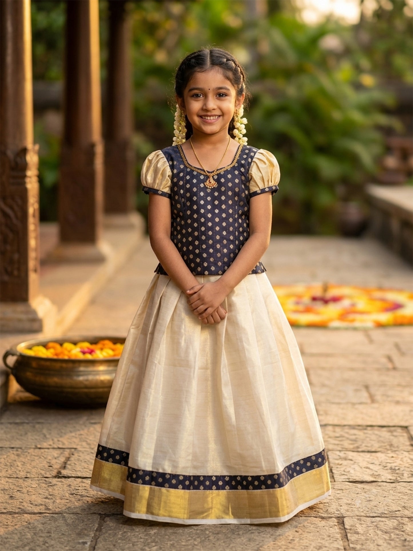 Black designer blouse kerala tissue kasavu pattu pavada for girl