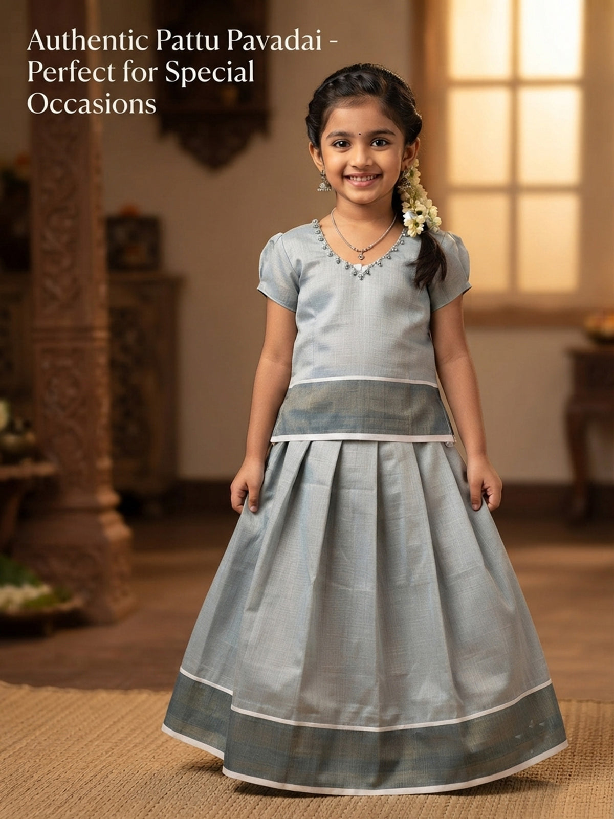 Designer work blouse kerala silver kasavu pattu pavada for kids