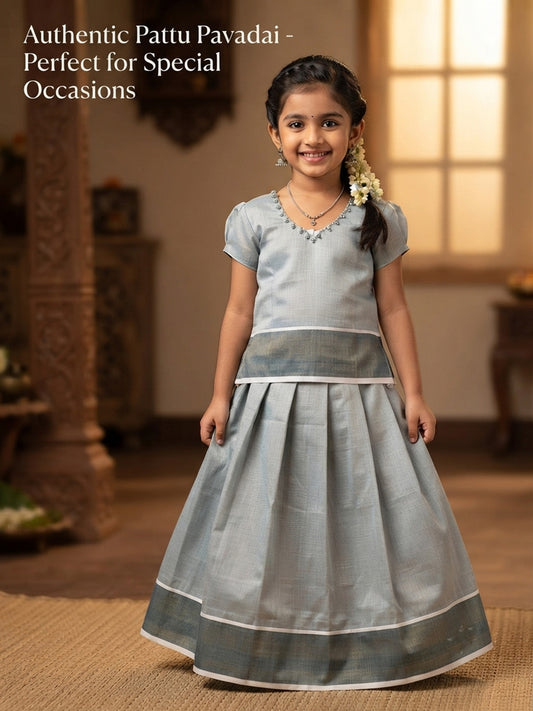 Designer work blouse kerala silver kasavu pattu pavada for kids