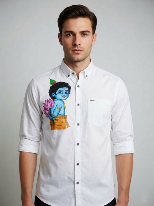 Big Krishna hand painting on white cotton shirt