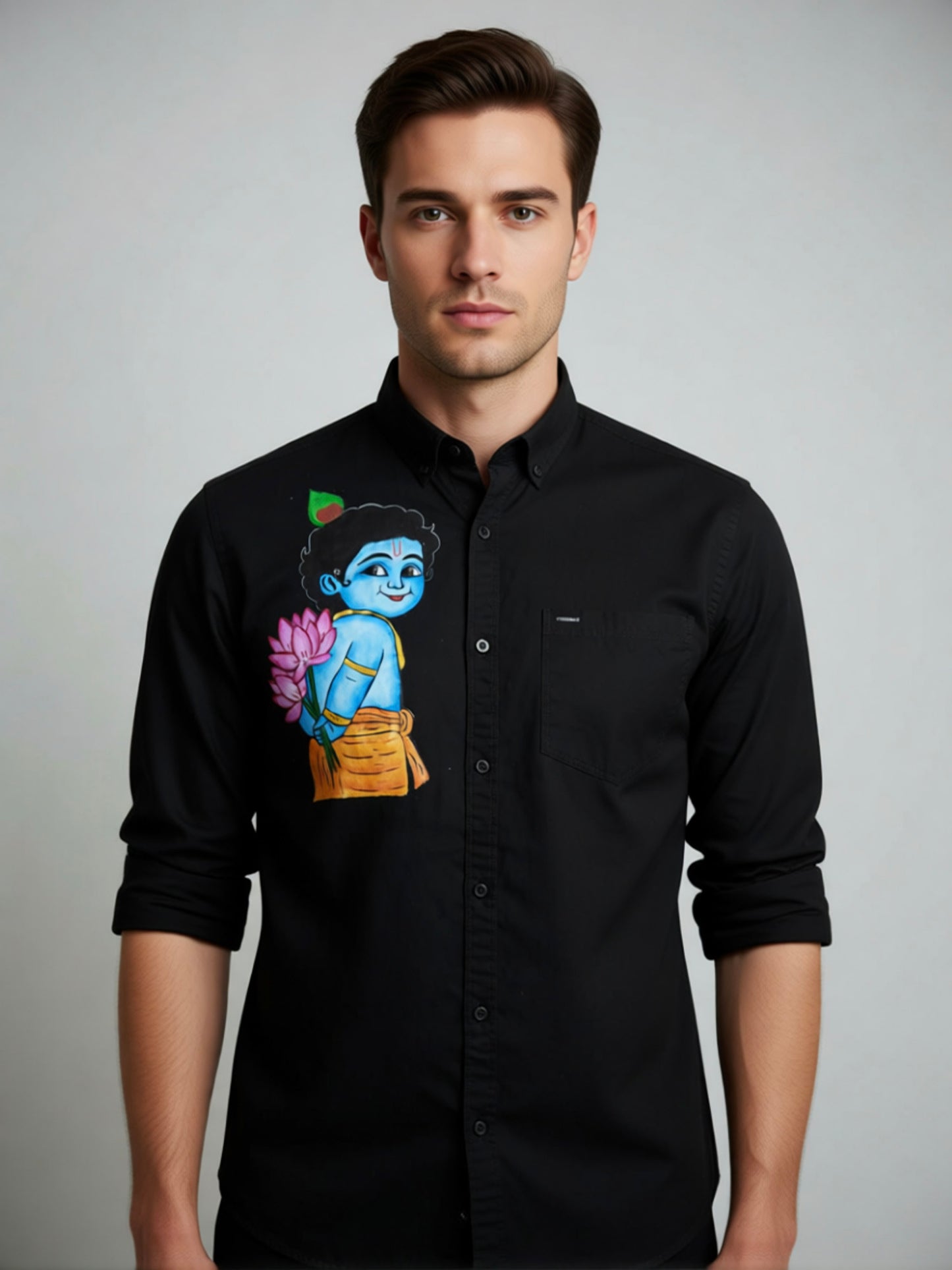 Big Krishna hand painting on black cotton shirt
