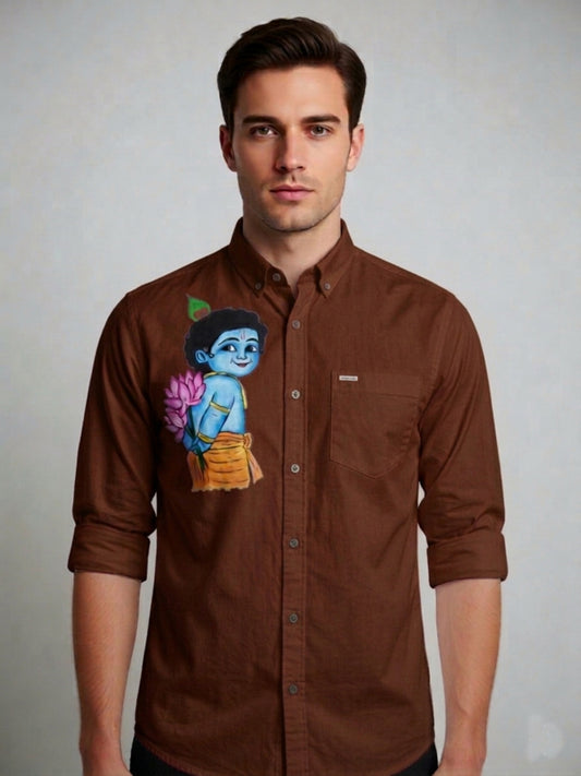 Big Krishna hand painting on brown cotton shirt
