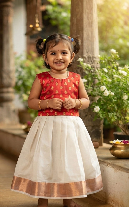Designer red top design kerala cotton kasavu frock for kids