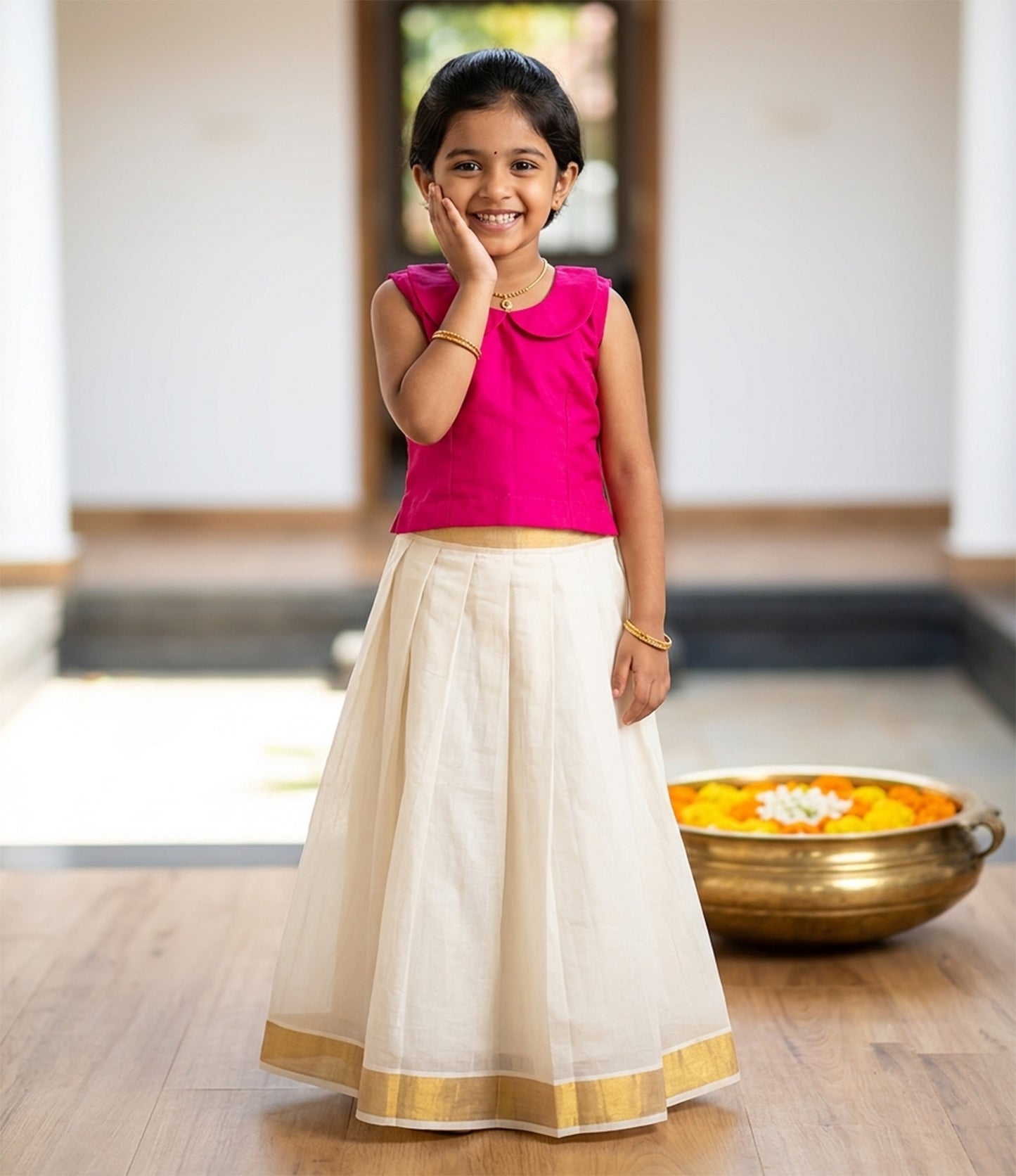 Designer pink collar type top kerala kasavu cotton pattu pavada for girls