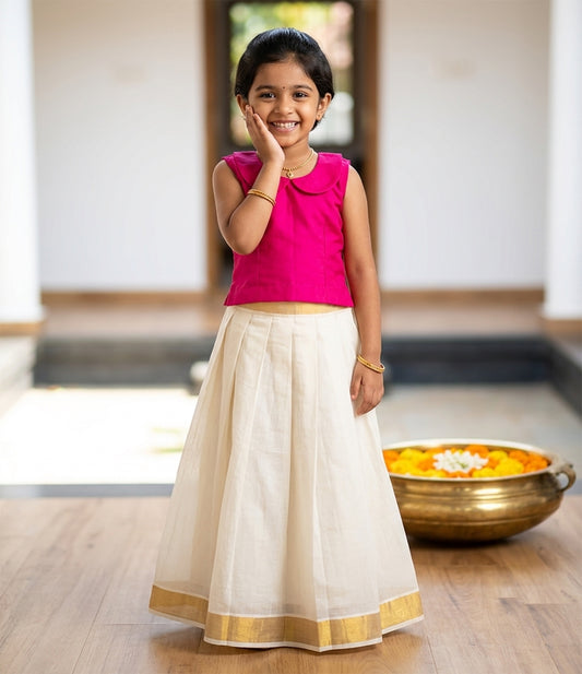Designer pink collar type top kerala kasavu cotton pattu pavada for girls