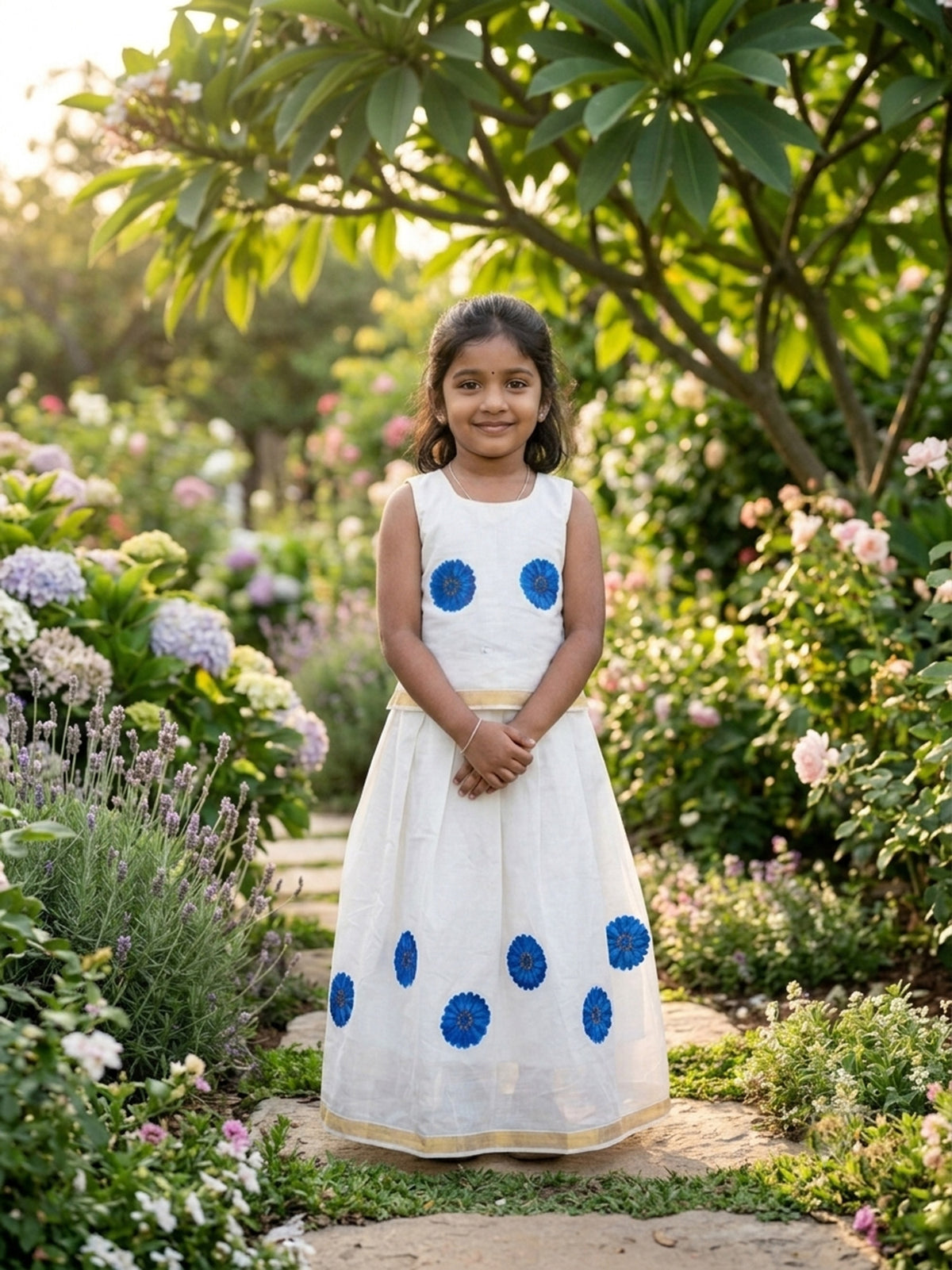 Blue flower design kerala cotton kids pattu pavada