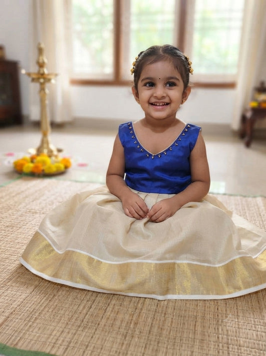 Designer blue top with bead work kerala kasavu tissue frock for kids