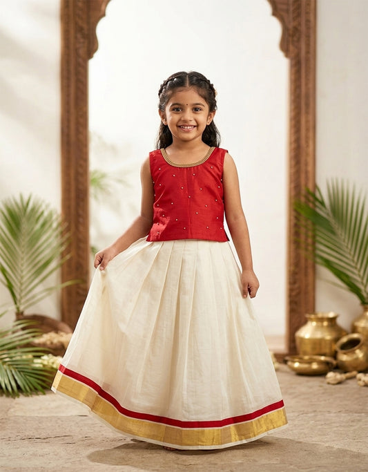 Hand work designer blouse kerala kasavu cotton pattu pavada for girls