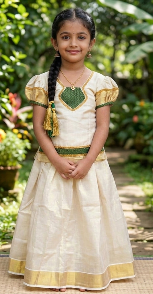 Kerala traditional designer tissue kasavu pattu pavada for kids