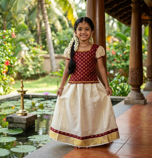 Designer traditional kalamkari kerala tissue pattu pavada for kids