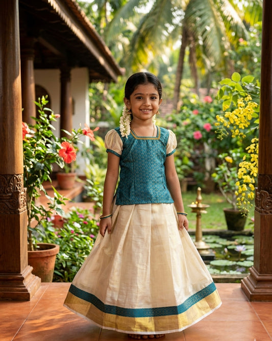 Designer traditional blue kalamkari kerala tissue pattu pavada for kids