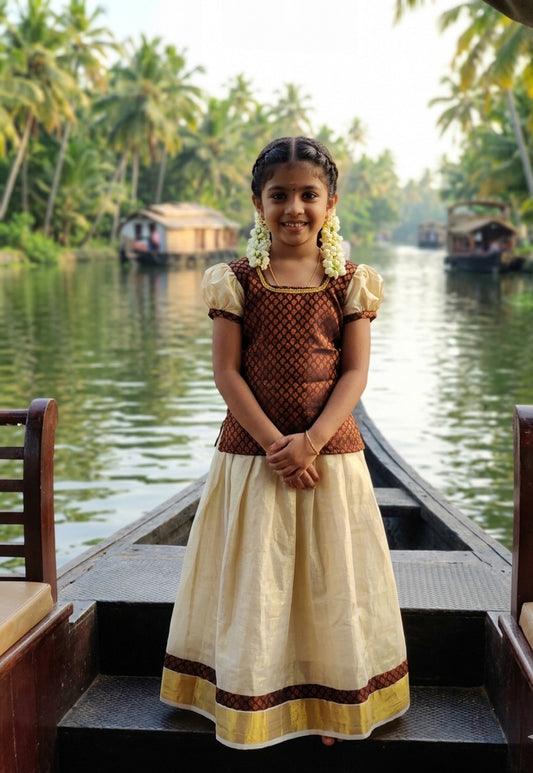 Designer traditional maroon kalamkari kerala tissue pattu pavada for kids
