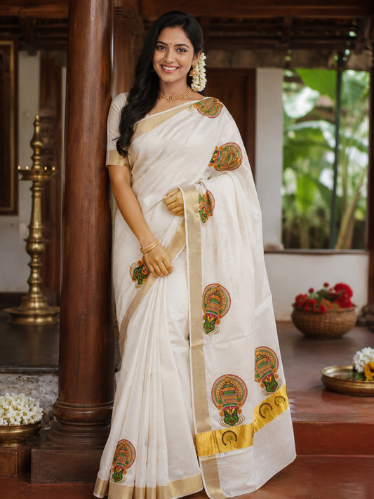 Kathakali design print kerala tissue kasavu saree