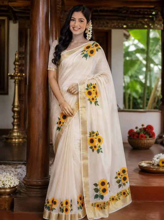 Sun flower design print kerala tissue kasavu saree