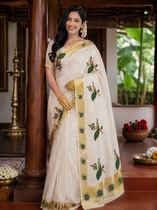 peacock with peeli design print kerala tissue kasavu saree