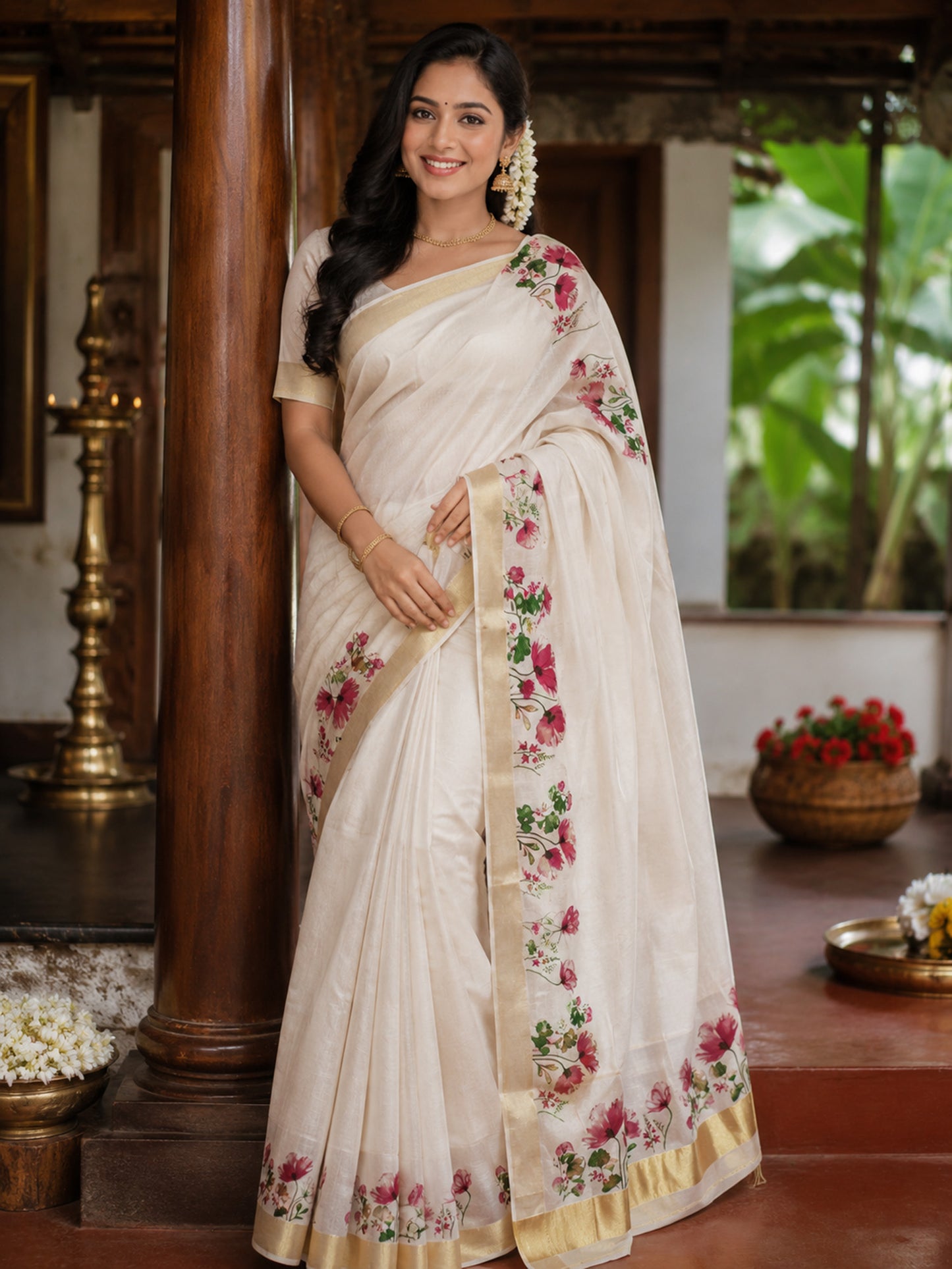 Flower design print kerala tissue kasavu saree