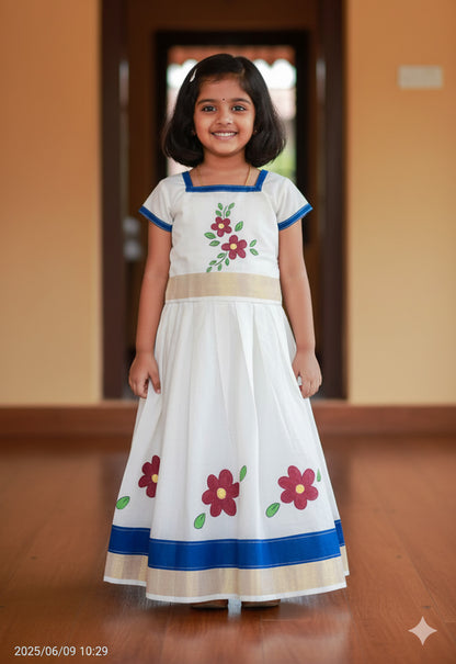 Flower design hand mural painting on kerala cotton kasavu pattu pavada for kids