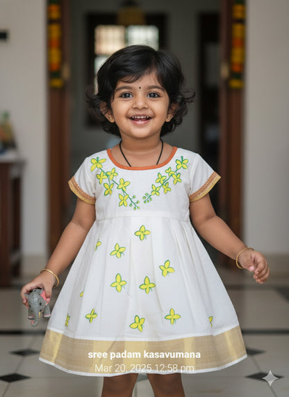 Vishu special kannikonna mural painting design kerala kasavu frock for kids