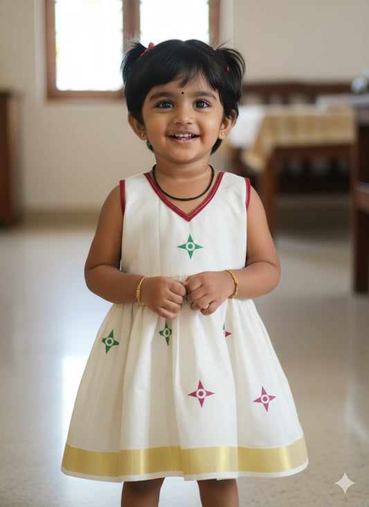 Vishu special design print kerala cotton kasavu frock for kids